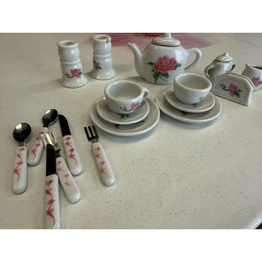 Vintage Frenzy Toys Mini Tea Set Pink Rose Porcelain Cottagecore‎ Utensils